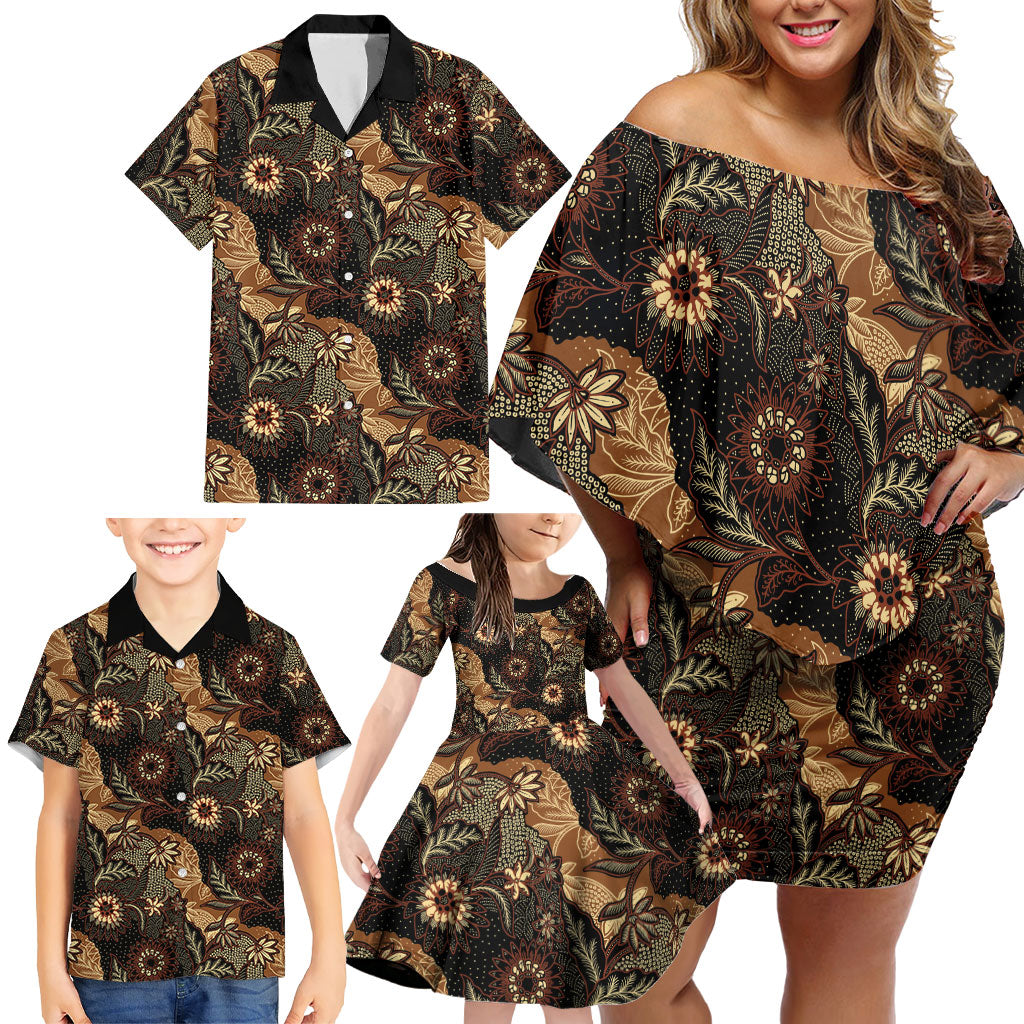 Batik Pedalaman Semen Lereng Style Family Matching Off Shoulder Short Dress and Hawaiian Shirt Indonesian Traditional Pattern LT01 - Polynesian Pride
