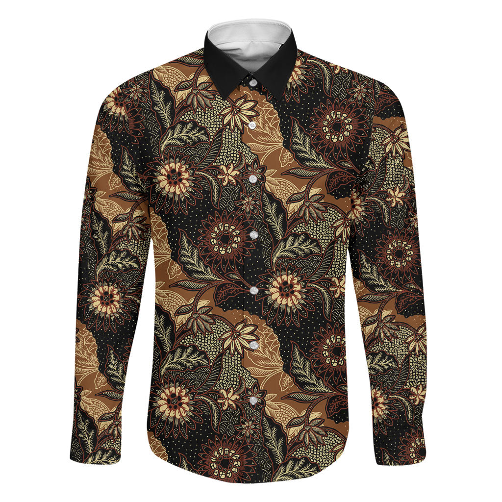 Batik Pedalaman Semen Lereng Style Family Matching Short Sleeve Bodycon Dress and Hawaiian Shirt Indonesian Traditional Pattern LT01 Dad's Shirt - Long Sleeve Black - Polynesian Pride