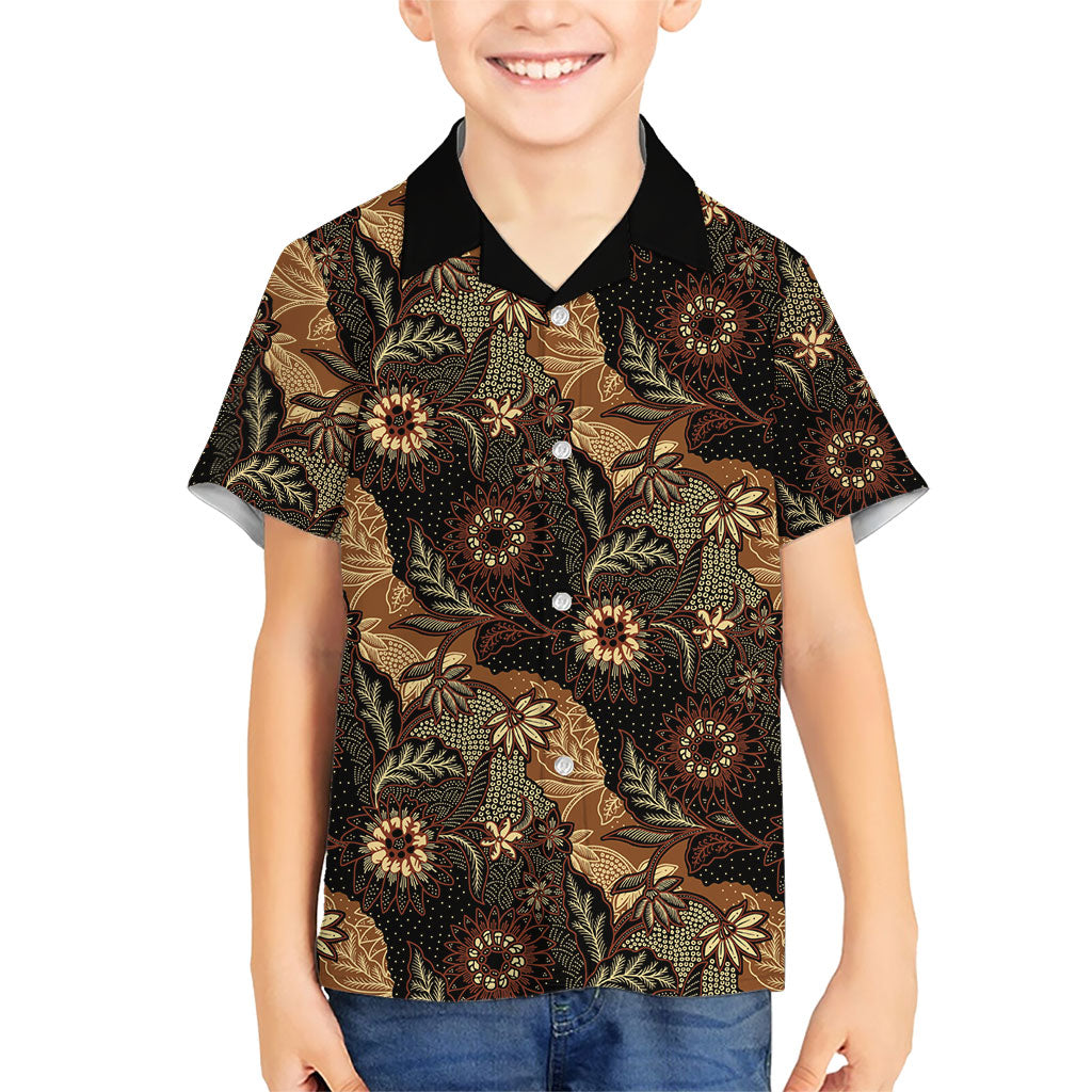Batik Pedalaman Semen Lereng Style Family Matching Summer Maxi Dress and Hawaiian Shirt Indonesian Traditional Pattern LT01 Son's Shirt Black - Polynesian Pride