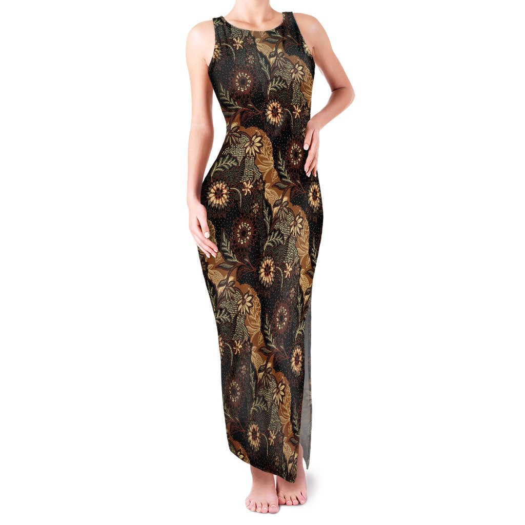 Batik Pedalaman Semen Lereng Style Family Matching Tank Maxi Dress and Hawaiian Shirt Indonesian Traditional Pattern LT01 Mom's Dress Black - Polynesian Pride