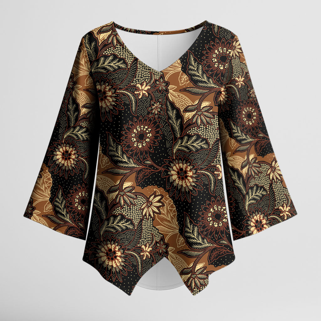 Batik Pedalaman Semen Lereng Style Kimono Sleeve Blouse Indonesian Traditional Pattern LT01 Female Black - Polynesian Pride