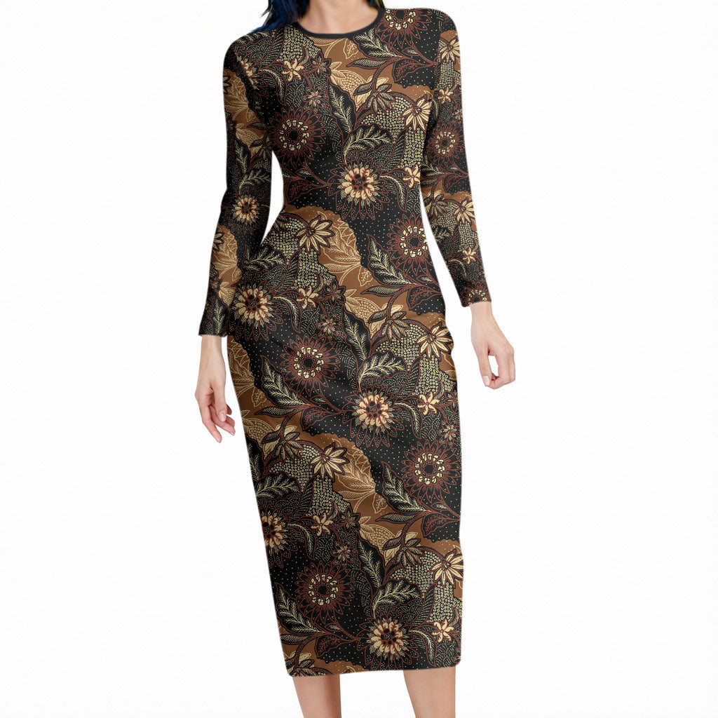 Batik Pedalaman Semen Lereng Style Long Sleeve Bodycon Dress Indonesian Traditional Pattern LT01 Long Dress Black - Polynesian Pride
