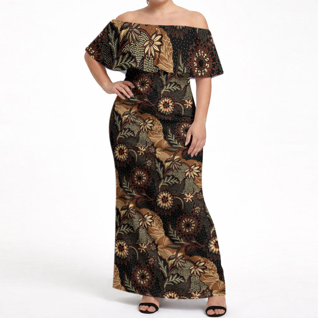 Batik Pedalaman Semen Lereng Style Off Shoulder Maxi Dress Indonesian Traditional Pattern LT01 Women Black - Polynesian Pride