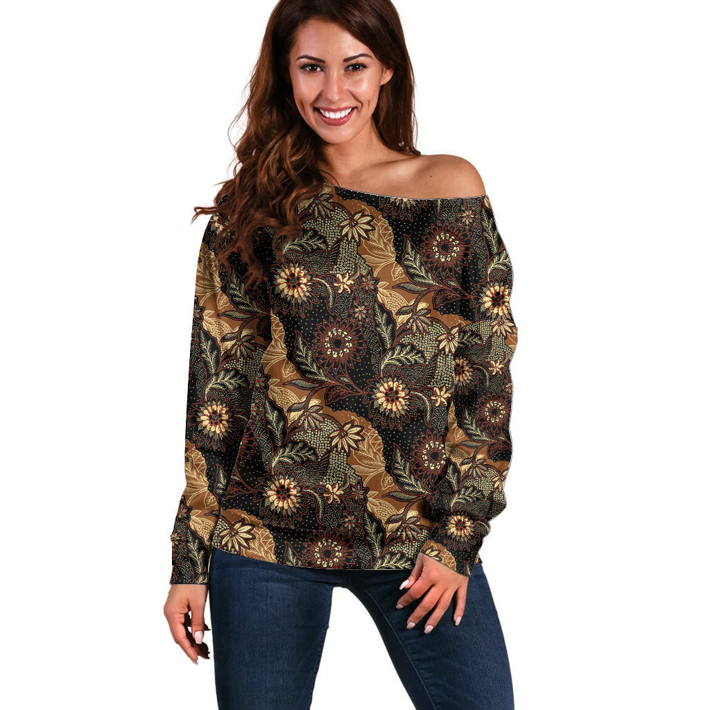 Batik Pedalaman Semen Lereng Style Off Shoulder Sweater Indonesian Traditional Pattern LT01 Women Black - Polynesian Pride