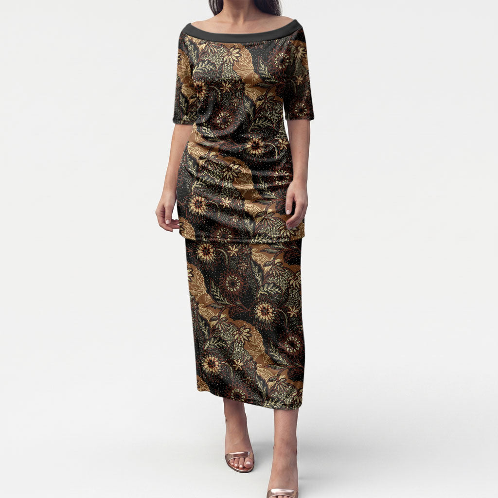 Batik Pedalaman Semen Lereng Style Puletasi Indonesian Traditional Pattern LT01 Long Dress Black - Polynesian Pride