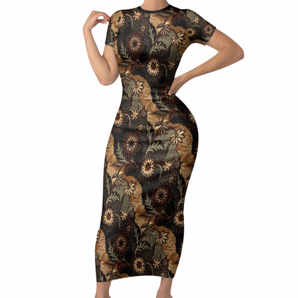 Batik Pedalaman Semen Lereng Style Short Sleeve Bodycon Dress Indonesian Traditional Pattern LT01 Long Dress Black - Polynesian Pride