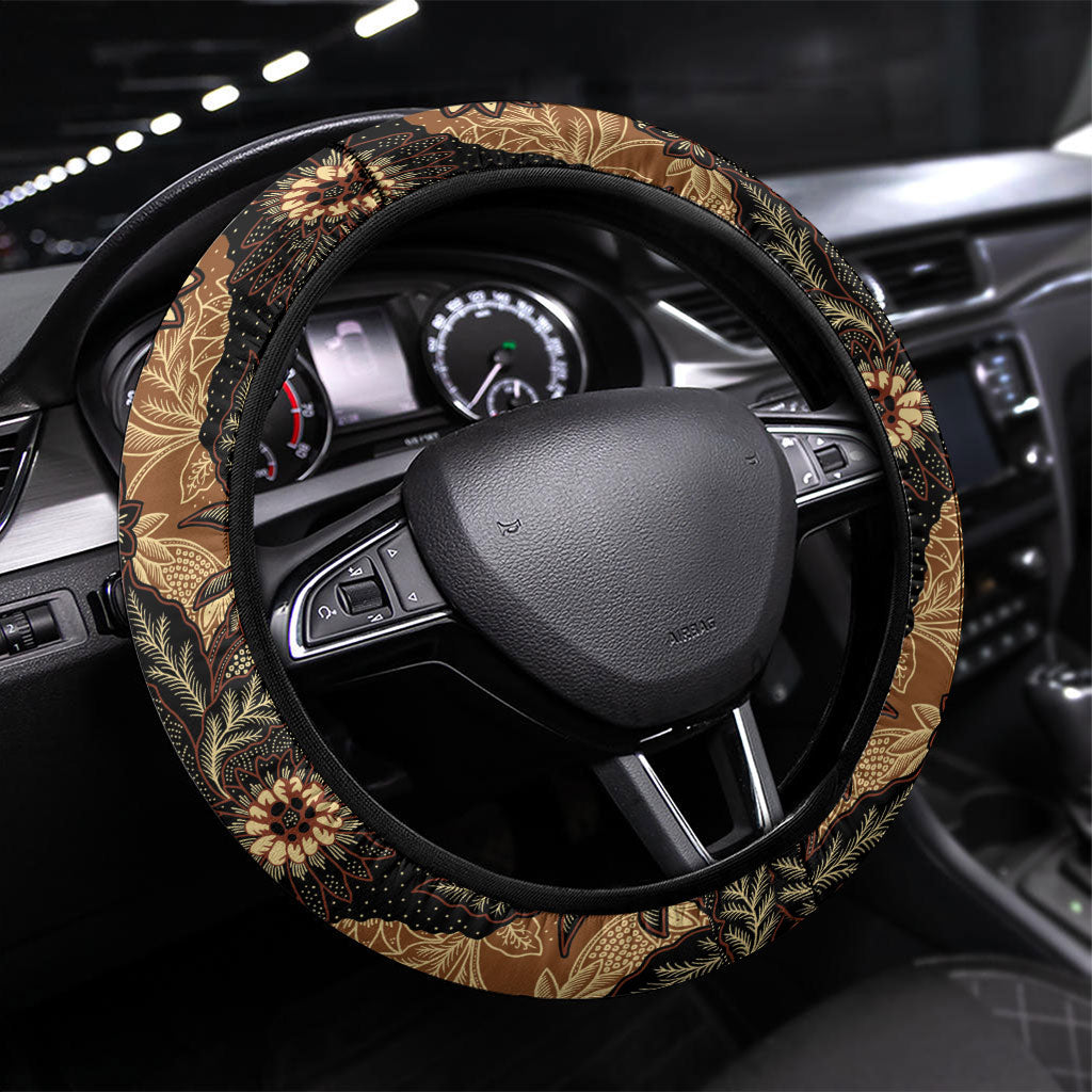 Batik Pedalaman Semen Lereng Style Steering Wheel Cover Indonesian Traditional Pattern LT01 Universal Fit Black - Polynesian Pride