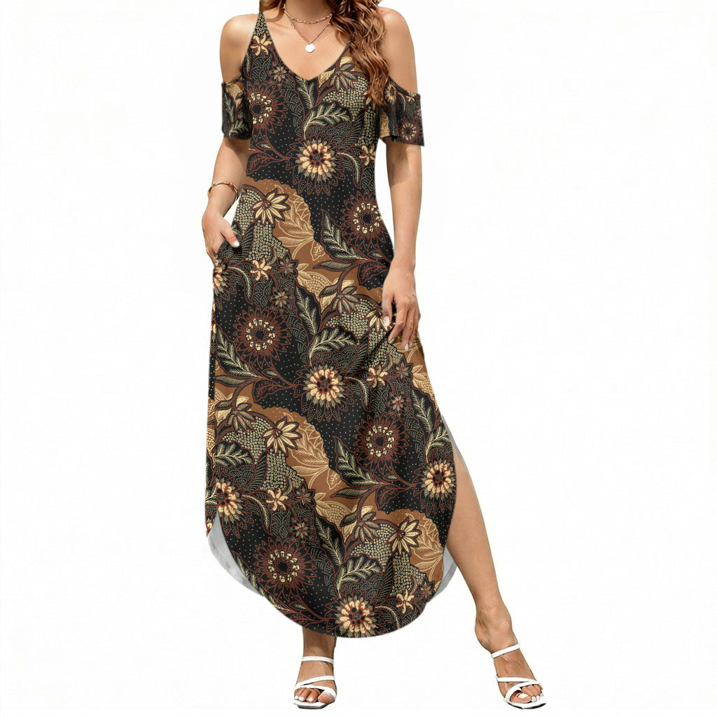 Batik Pedalaman Semen Lereng Style Summer Maxi Dress Indonesian Traditional Pattern LT01 Women Black - Polynesian Pride