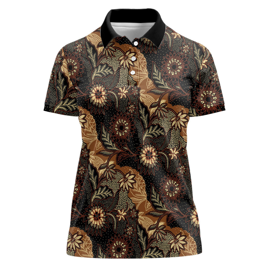 Batik Pedalaman Semen Lereng Style Women Polo Shirt Indonesian Traditional Pattern LT01 Female Black - Polynesian Pride