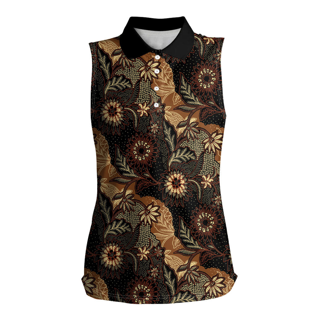 Batik Pedalaman Semen Lereng Style Women Sleeveless Polo Shirt Indonesian Traditional Pattern LT01 Female Black - Polynesian Pride