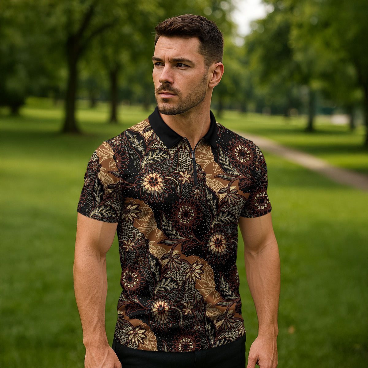 Batik Pedalaman Semen Lereng Style Zipper Polo Shirt Indonesian Traditional Pattern LT01 - Polynesian Pride