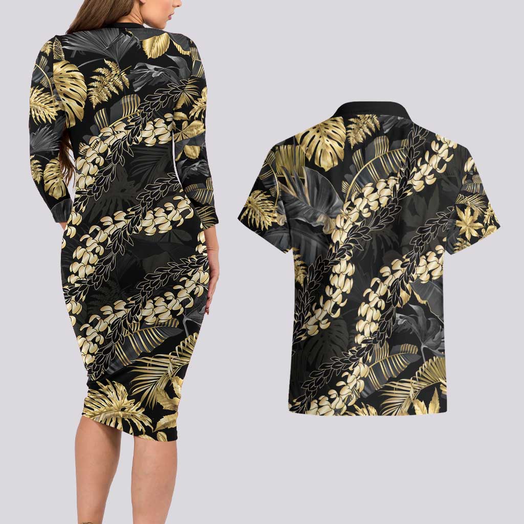 Gold Tropical Leaves Hawaii Mikioi Lei Couples Matching Long Sleeve Bodycon Dress and Hawaiian Shirt Luxury Stylized - Polynesian Pride