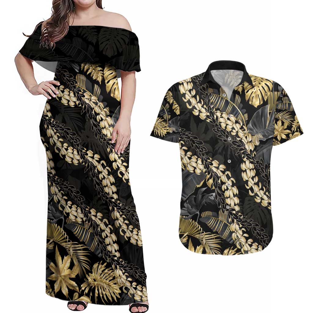 Gold Tropical Leaves Hawaii Mikioi Lei Couples Matching Off Shoulder Maxi Dress and Hawaiian Shirt Luxury Stylized - Polynesian Pride