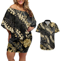 Gold Tropical Leaves Hawaii Mikioi Lei Couples Matching Off Shoulder Short Dress and Hawaiian Shirt Luxury Stylized - Polynesian Pride