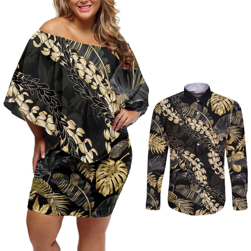 Gold Tropical Leaves Hawaii Mikioi Lei Couples Matching Off Shoulder Short Dress and Long Sleeve Button Shirt Luxury Stylized - Polynesian Pride