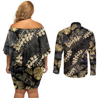 Gold Tropical Leaves Hawaii Mikioi Lei Couples Matching Off Shoulder Short Dress and Long Sleeve Button Shirt Luxury Stylized - Polynesian Pride