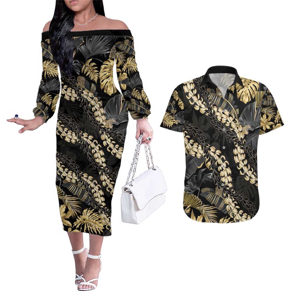 Gold Tropical Leaves Hawaii Mikioi Lei Couples Matching Off The Shoulder Long Sleeve Dress and Hawaiian Shirt Luxury Stylized LT01 Gold - Polynesian Pride