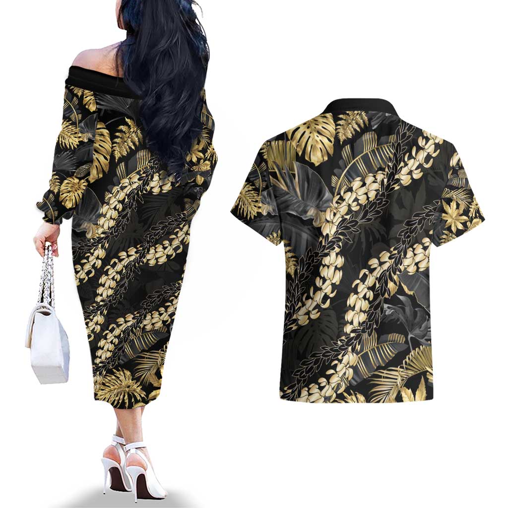 Gold Tropical Leaves Hawaii Mikioi Lei Couples Matching Off The Shoulder Long Sleeve Dress and Hawaiian Shirt Luxury Stylized LT01 - Polynesian Pride