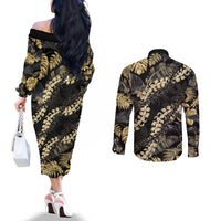 Gold Tropical Leaves Hawaii Mikioi Lei Couples Matching Off The Shoulder Long Sleeve Dress and Long Sleeve Button Shirt Luxury Stylized - Polynesian Pride