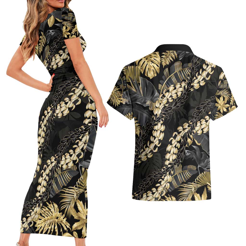 Gold Tropical Leaves Hawaii Mikioi Lei Couples Matching Short Sleeve Bodycon Dress and Hawaiian Shirt Luxury Stylized - Polynesian Pride