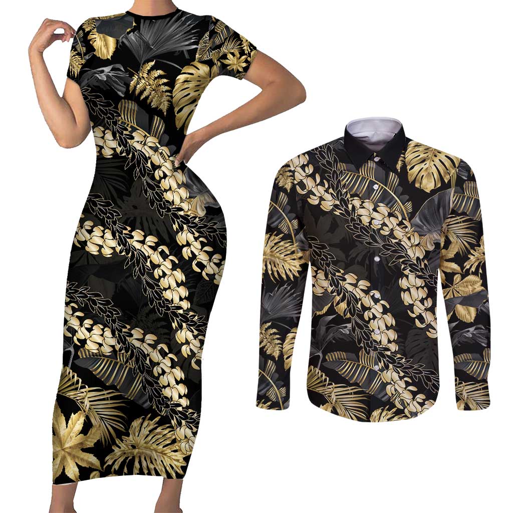 Gold Tropical Leaves Hawaii Mikioi Lei Couples Matching Short Sleeve Bodycon Dress and Long Sleeve Button Shirt Luxury Stylized - Polynesian Pride