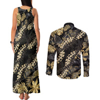 Gold Tropical Leaves Hawaii Mikioi Lei Couples Matching Tank Maxi Dress and Long Sleeve Button Shirt Luxury Stylized - Polynesian Pride