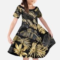 Gold Tropical Leaves Hawaii Mikioi Lei Family Matching Long Sleeve Bodycon Dress and Hawaiian Shirt Luxury Stylized LT01 Daughter's Dress Gold - Polynesian Pride
