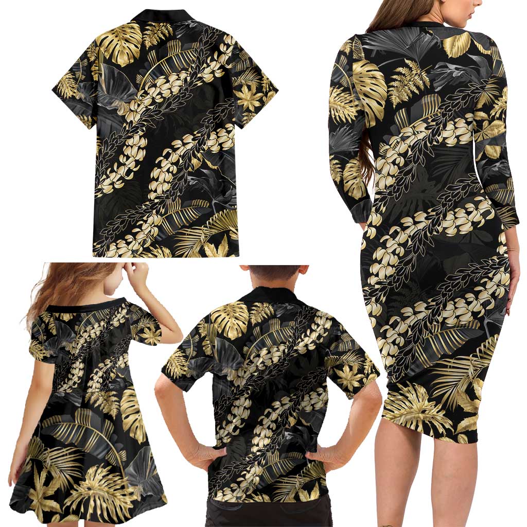 Gold Tropical Leaves Hawaii Mikioi Lei Family Matching Long Sleeve Bodycon Dress and Hawaiian Shirt Luxury Stylized LT01 - Polynesian Pride