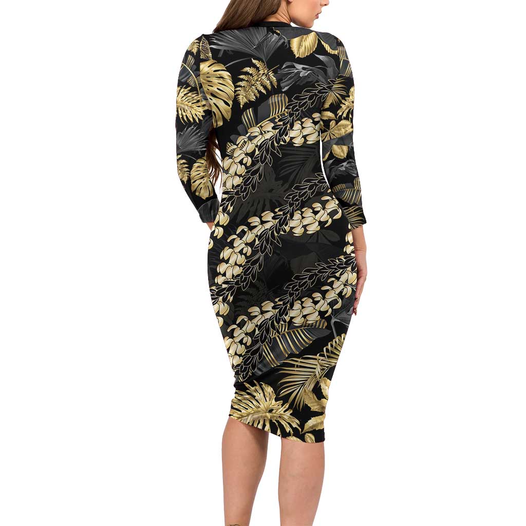 Gold Tropical Leaves Hawaii Mikioi Lei Family Matching Long Sleeve Bodycon Dress and Hawaiian Shirt Luxury Stylized LT01 - Polynesian Pride