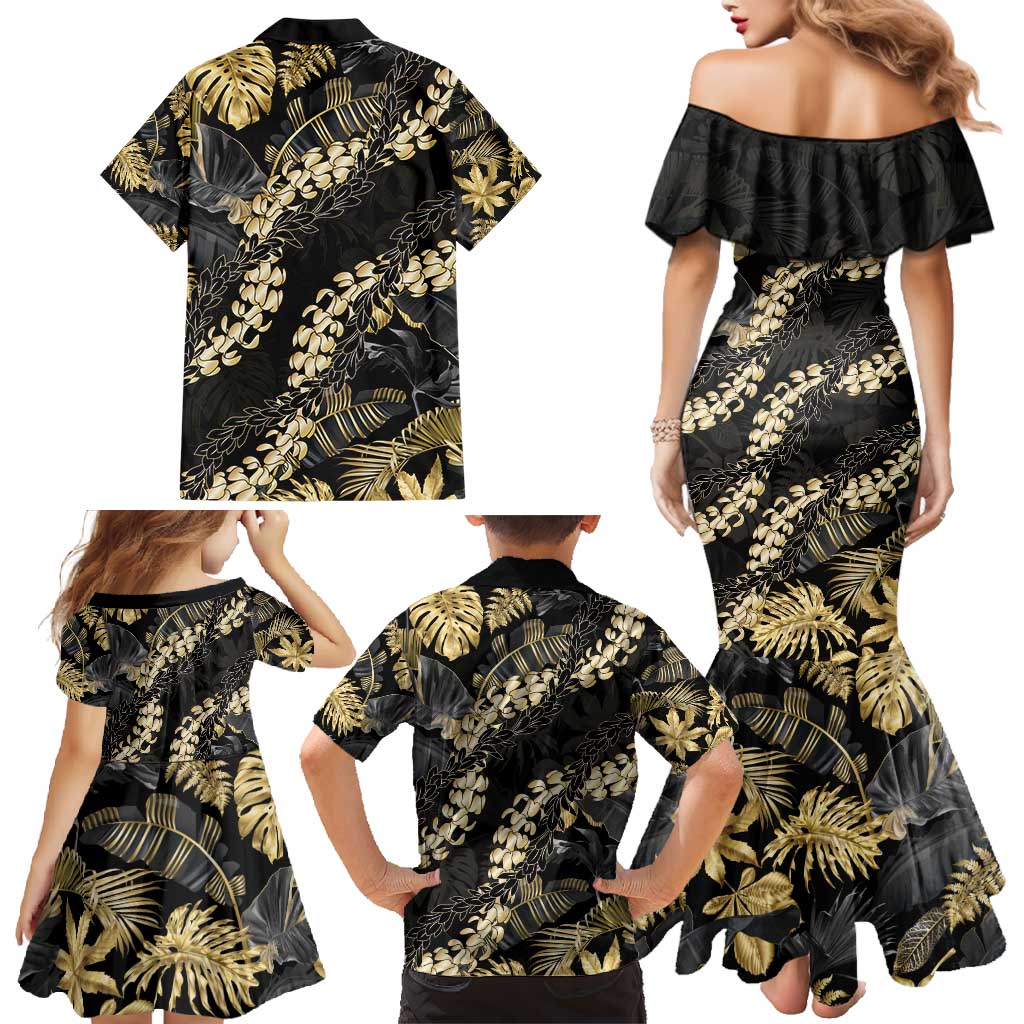 Gold Tropical Leaves Hawaii Mikioi Lei Family Matching Mermaid Dress and Hawaiian Shirt Luxury Stylized LT01 - Polynesian Pride