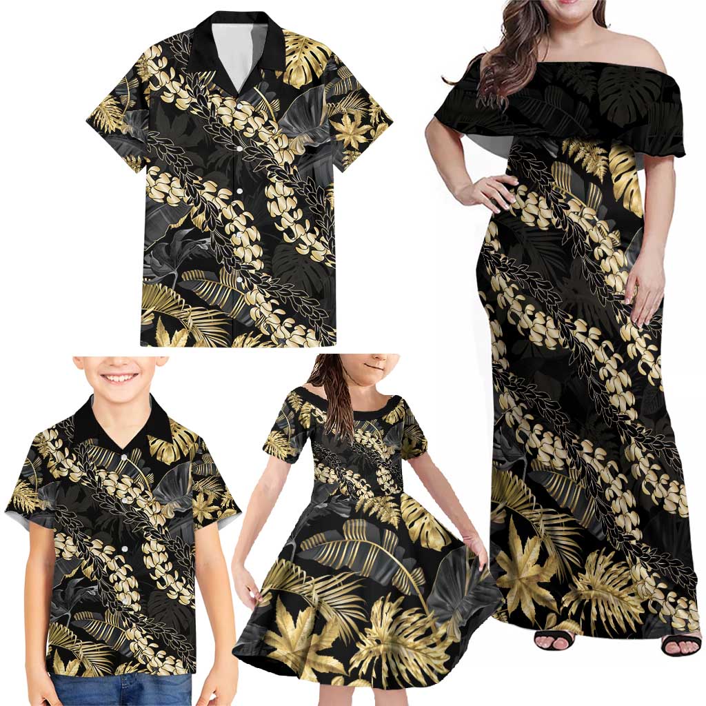 Gold Tropical Leaves Hawaii Mikioi Lei Family Matching Off Shoulder Maxi Dress and Hawaiian Shirt Luxury Stylized LT01 - Polynesian Pride