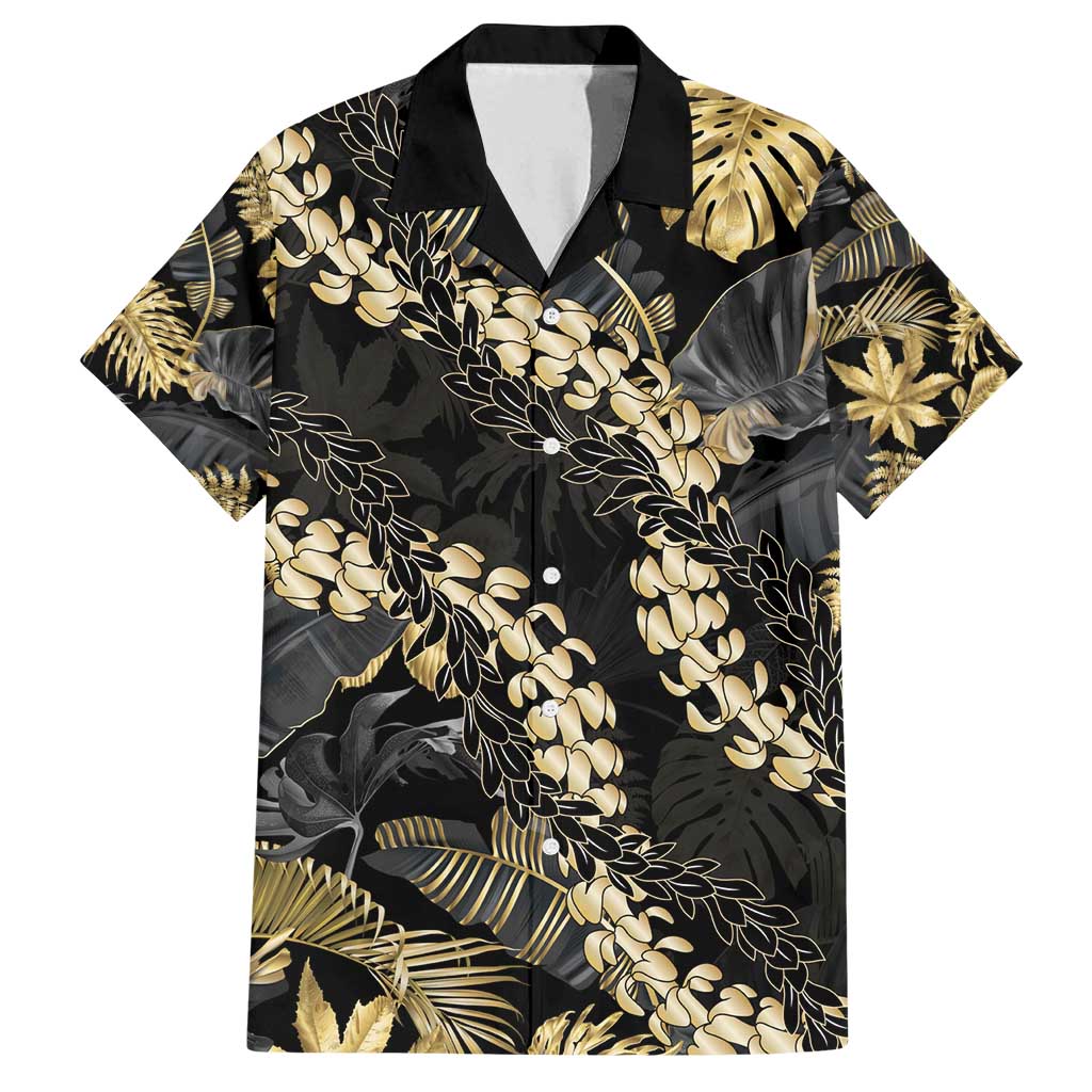 Gold Tropical Leaves Hawaii Mikioi Lei Family Matching Off Shoulder Maxi Dress and Hawaiian Shirt Luxury Stylized LT01 Dad's Shirt - Short Sleeve Gold - Polynesian Pride