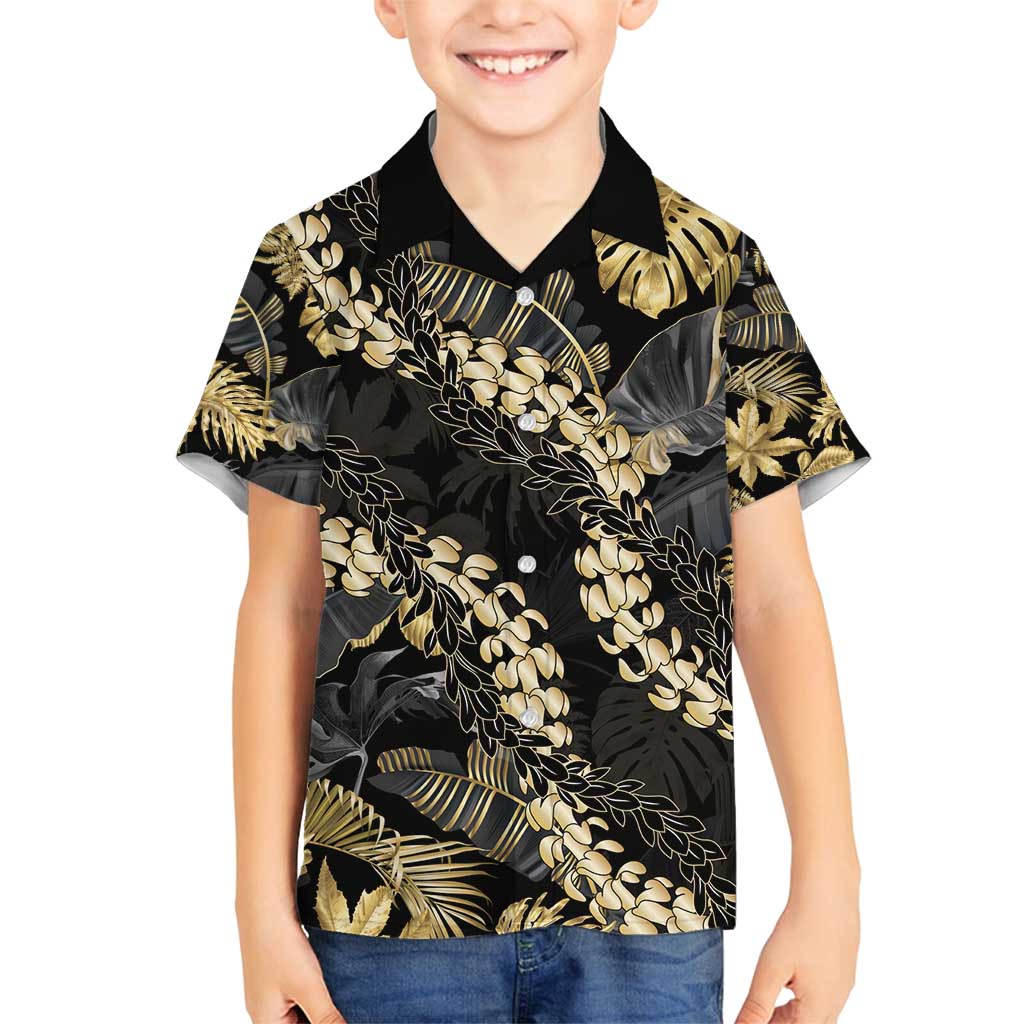 Gold Tropical Leaves Hawaii Mikioi Lei Family Matching Off Shoulder Maxi Dress and Hawaiian Shirt Luxury Stylized LT01 Son's Shirt Gold - Polynesian Pride