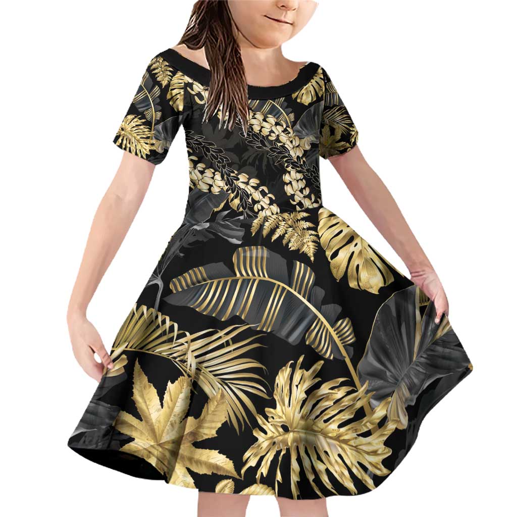 Gold Tropical Leaves Hawaii Mikioi Lei Family Matching Off Shoulder Short Dress and Hawaiian Shirt Luxury Stylized LT01 Daughter's Dress Gold - Polynesian Pride