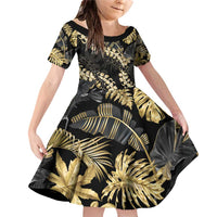 Gold Tropical Leaves Hawaii Mikioi Lei Family Matching Off Shoulder Short Dress and Hawaiian Shirt Luxury Stylized LT01 Daughter's Dress Gold - Polynesian Pride