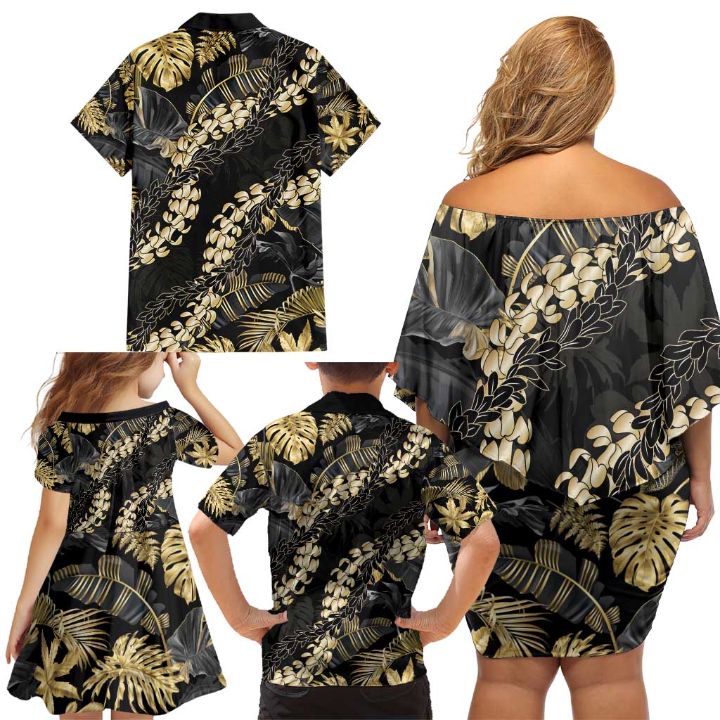 Gold Tropical Leaves Hawaii Mikioi Lei Family Matching Off Shoulder Short Dress and Hawaiian Shirt Luxury Stylized LT01 - Polynesian Pride