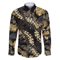 Gold Tropical Leaves Hawaii Mikioi Lei Family Matching Off Shoulder Short Dress and Hawaiian Shirt Luxury Stylized LT01 Dad's Shirt - Long Sleeve Gold - Polynesian Pride