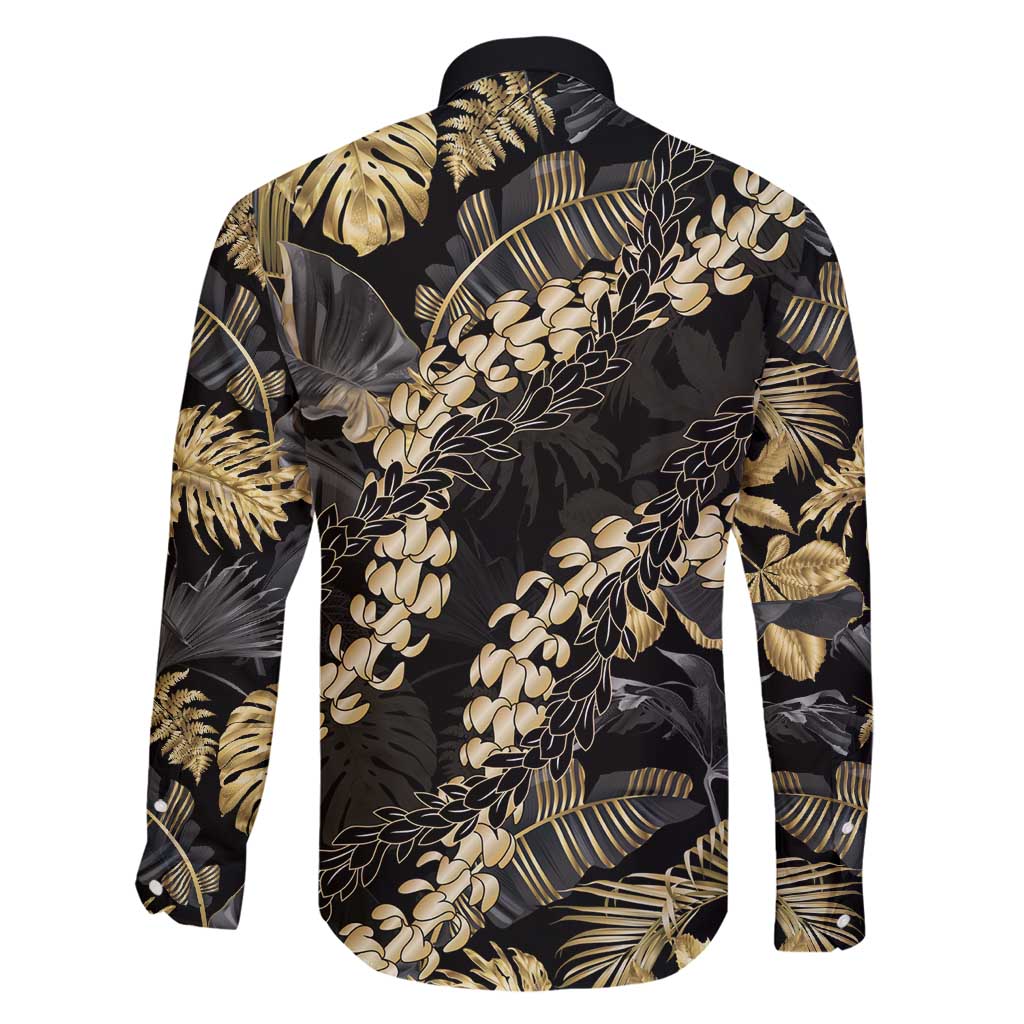 Gold Tropical Leaves Hawaii Mikioi Lei Family Matching Off Shoulder Short Dress and Hawaiian Shirt Luxury Stylized LT01 - Polynesian Pride