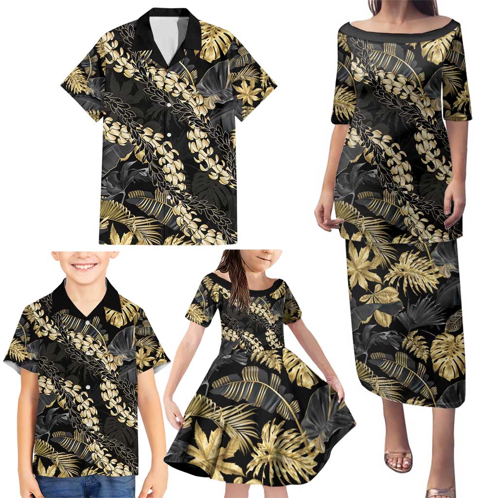 Gold Tropical Leaves Hawaii Mikioi Lei Family Matching Puletasi and Hawaiian Shirt Luxury Stylized LT01 - Polynesian Pride