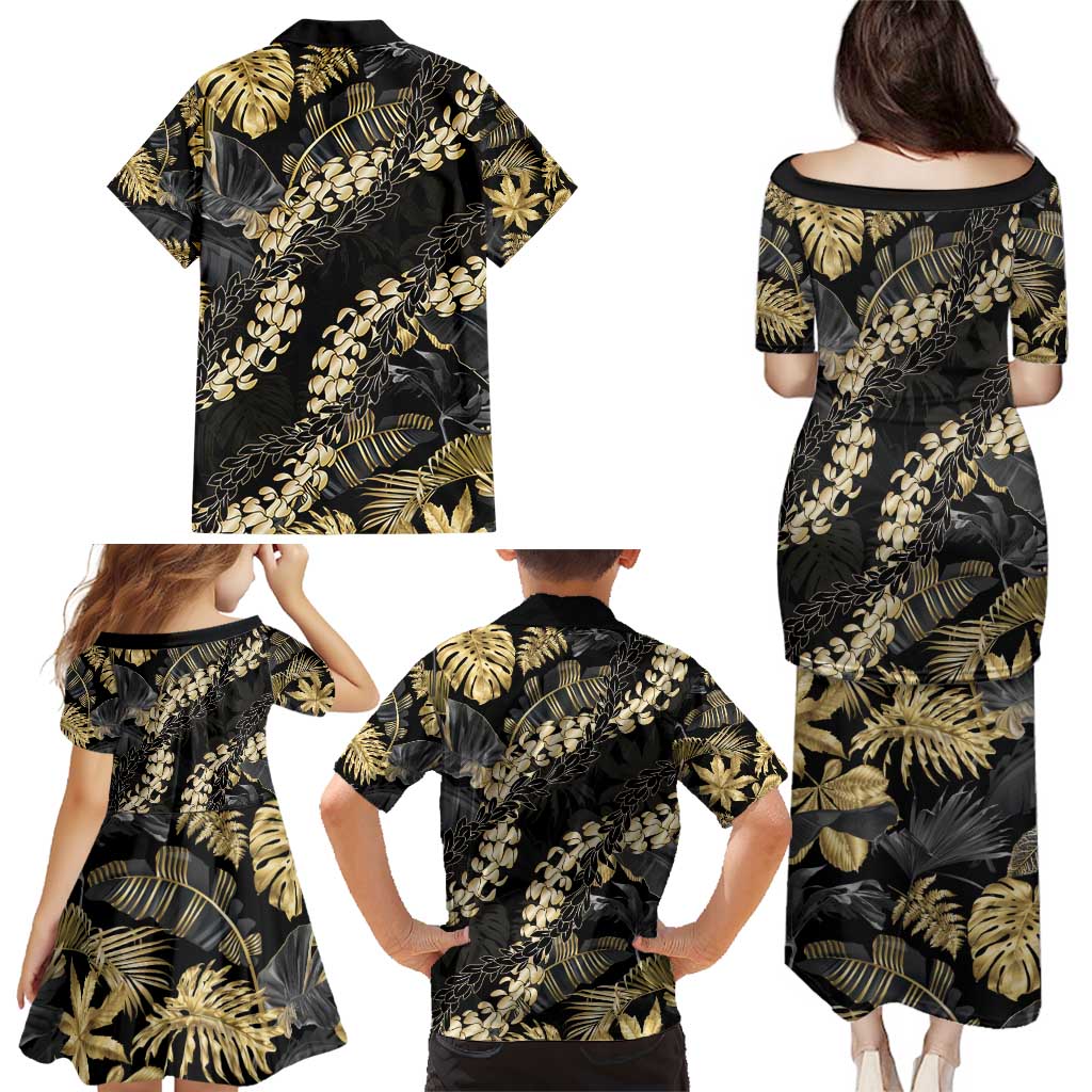 Gold Tropical Leaves Hawaii Mikioi Lei Family Matching Puletasi and Hawaiian Shirt Luxury Stylized LT01 - Polynesian Pride