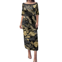 Gold Tropical Leaves Hawaii Mikioi Lei Family Matching Puletasi and Hawaiian Shirt Luxury Stylized LT01 Mom's Dress Gold - Polynesian Pride