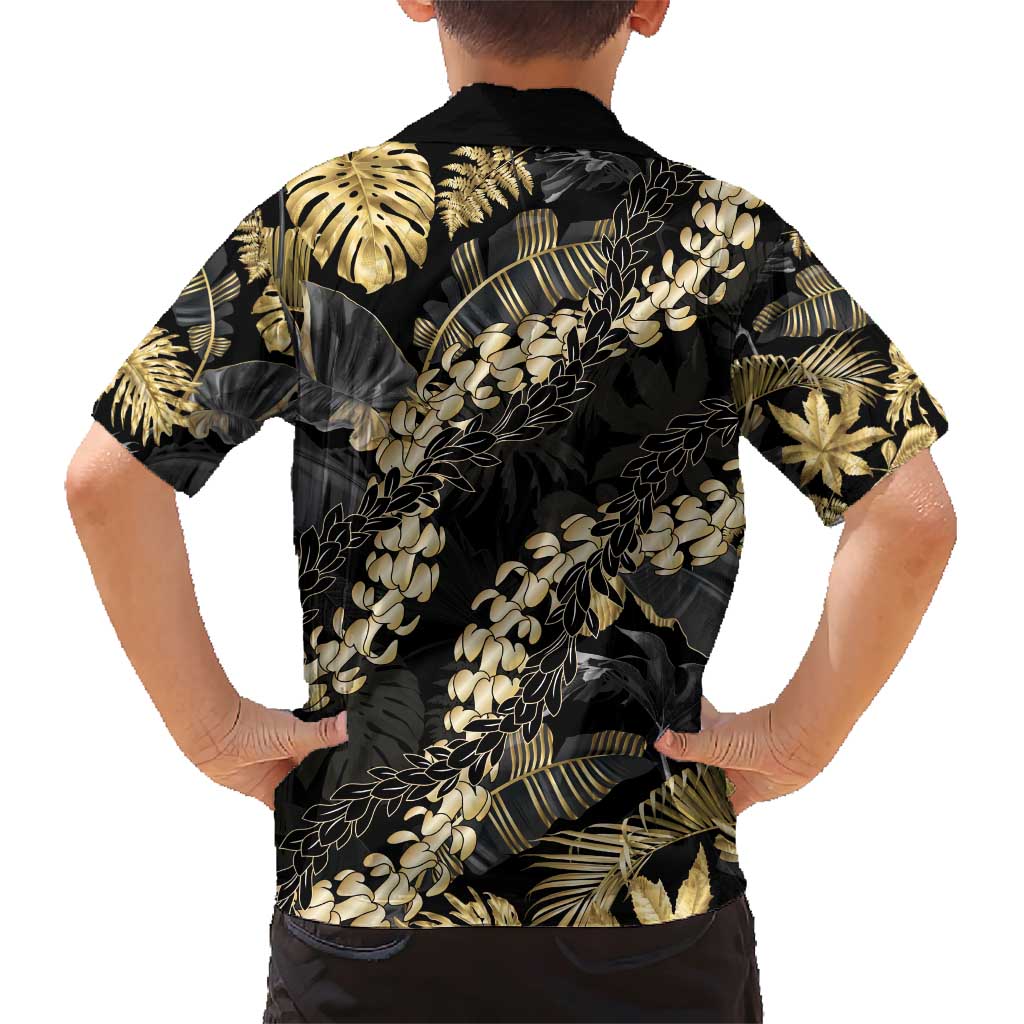 Gold Tropical Leaves Hawaii Mikioi Lei Family Matching Short Sleeve Bodycon Dress and Hawaiian Shirt Luxury Stylized LT01 - Polynesian Pride