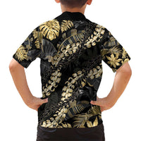 Gold Tropical Leaves Hawaii Mikioi Lei Family Matching Short Sleeve Bodycon Dress and Hawaiian Shirt Luxury Stylized LT01 - Polynesian Pride