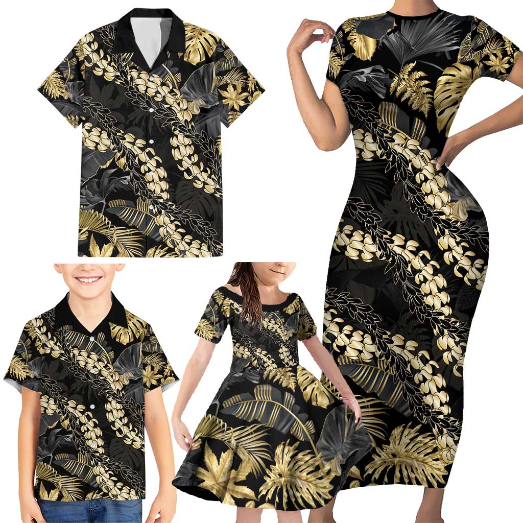 Gold Tropical Leaves Hawaii Mikioi Lei Family Matching Short Sleeve Bodycon Dress and Hawaiian Shirt Luxury Stylized LT01 - Polynesian Pride