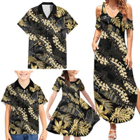 Gold Tropical Leaves Hawaii Mikioi Lei Family Matching Summer Maxi Dress and Hawaiian Shirt Luxury Stylized LT01 - Polynesian Pride