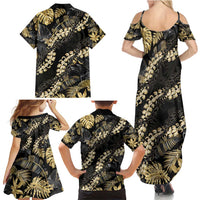 Gold Tropical Leaves Hawaii Mikioi Lei Family Matching Summer Maxi Dress and Hawaiian Shirt Luxury Stylized LT01 - Polynesian Pride