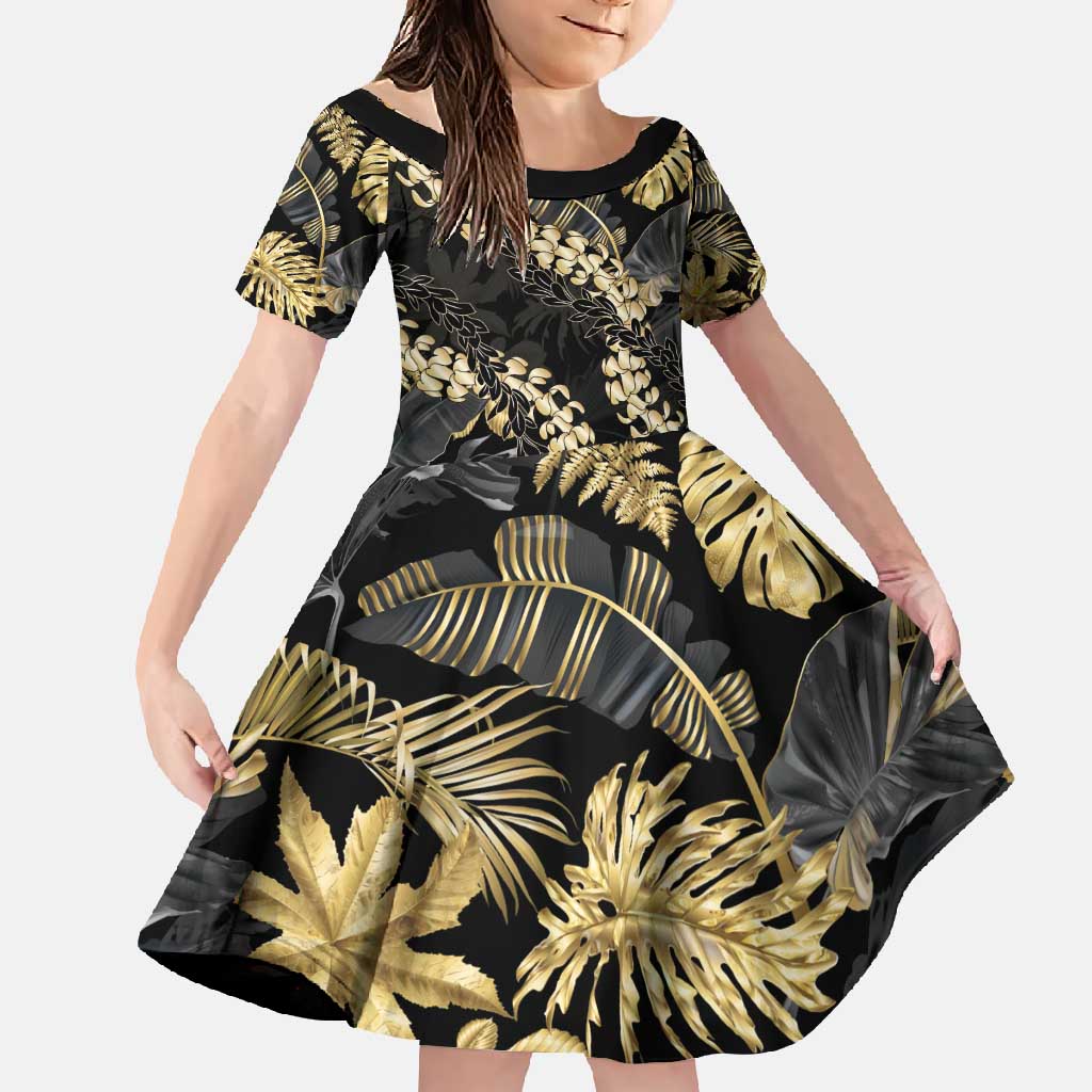 Gold Tropical Leaves Hawaii Mikioi Lei Family Matching Tank Maxi Dress and Hawaiian Shirt Luxury Stylized LT01 Daughter's Dress Gold - Polynesian Pride
