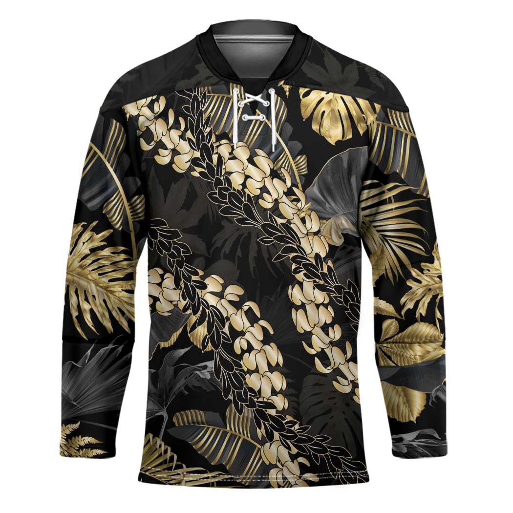 Gold Tropical Leaves Hawaii Mikioi Lei Hockey Jersey Luxury Stylized - Polynesian Pride