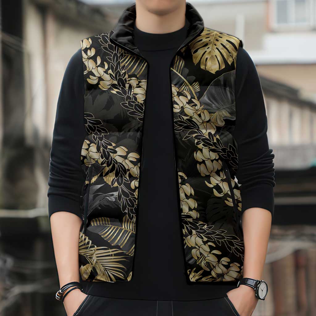 Gold Tropical Leaves Hawaii Mikioi Lei Sleeveless Puffer Jacket Luxury Stylized - Polynesian Pride