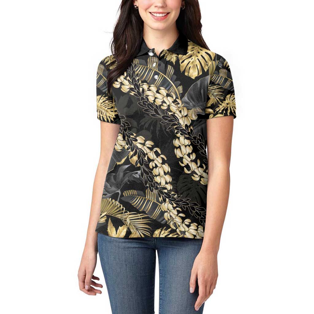 Gold Tropical Leaves Hawaii Mikioi Lei Women Polo Shirt Luxury Stylized - Polynesian Pride